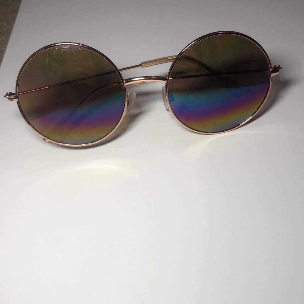 1 sunglass with rainbow on front,circle shape/1 clear glasses,heart shaped